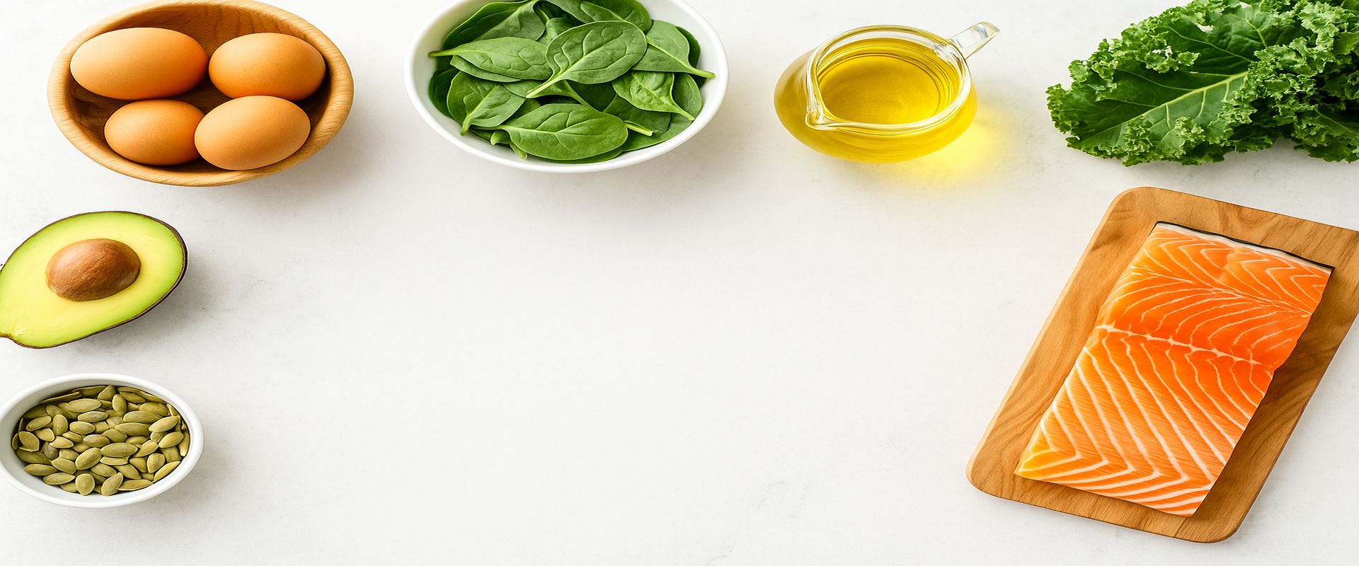 Keto ingredients: salmon, avocado, eggs, greens